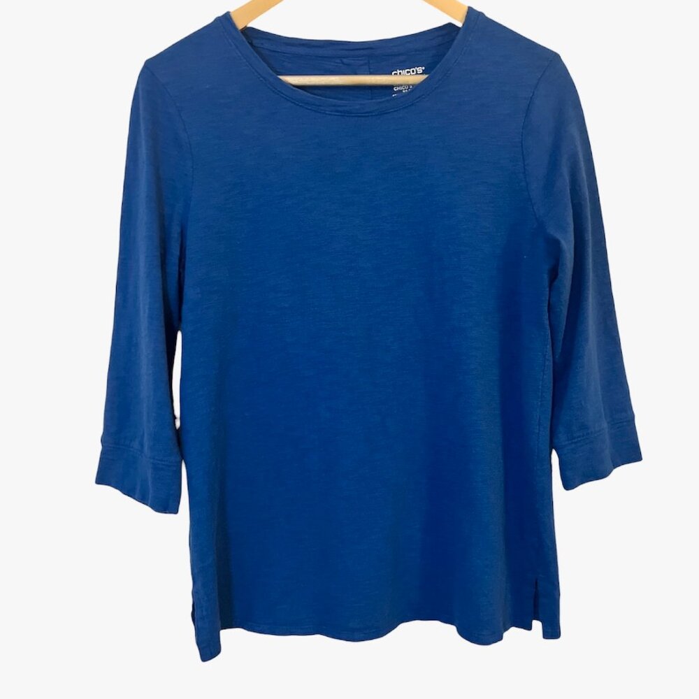 Chico's Ultimate Tee Size Medium Full Button Detail Back Elbow Sleeves Slub Knit